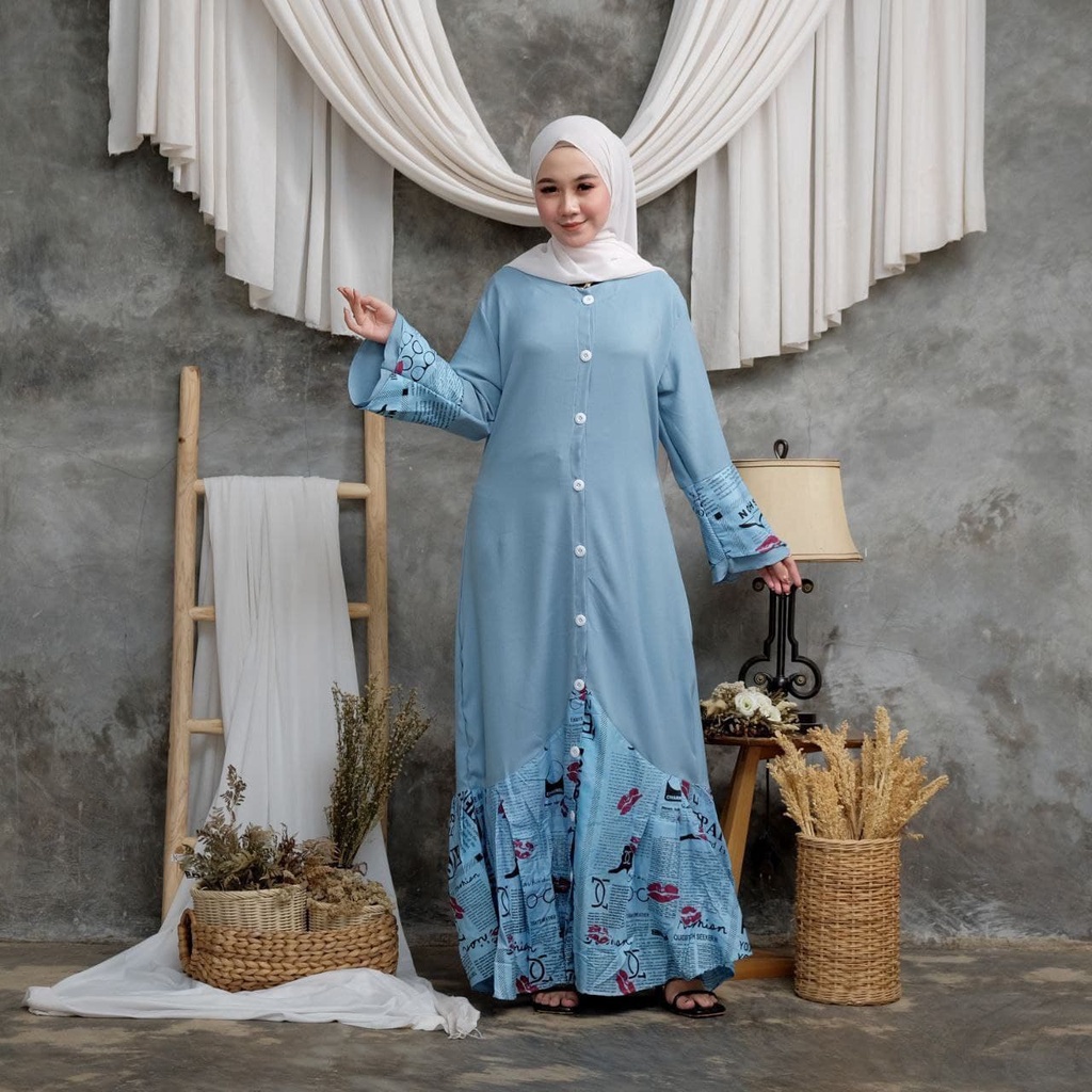 Gamis Koran Duyung - Gamis Terbaru Rayon Kombinasi Shakila Dress Wanita Lengan Terompet Susun Baju Wanita Kekinian