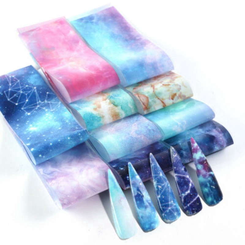 10 Lembar Stiker Kuku Foil Holografik Gradasi Starry Sky Transfer Air Untuk Dekorasi Manicure/Nail Art