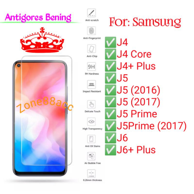 Samsung J4 J4core J4plus J5 J5prime J6 J6plus Plus Prime Antigores Bening Tempered Glass Screen TG