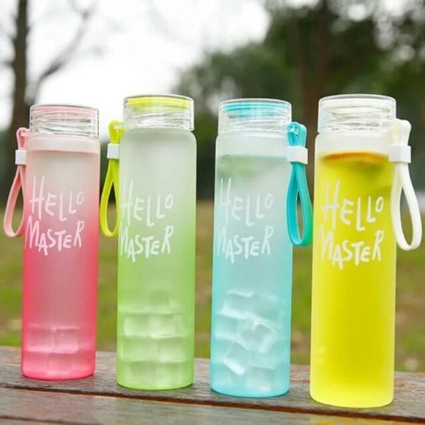 Botol Minum Hello Master 480ml / Tempat Minum Glass Dengan Pouch / Botol Minum Lucu Mudah Dibawa