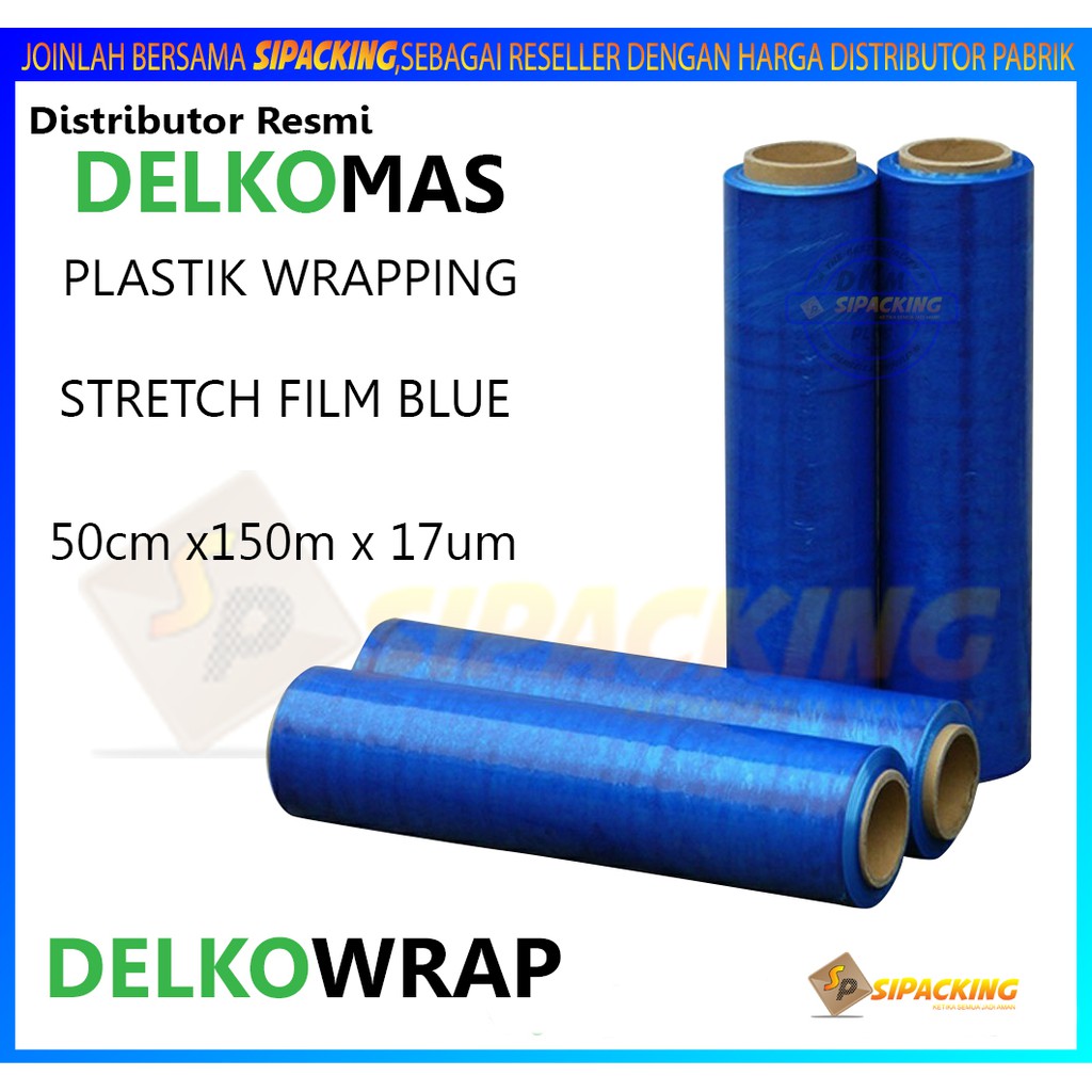 STRETCH FILM BIRU ( PLASTIK WRAPPING ) ( DELKOWRAP 50CM X 150M X 17UM