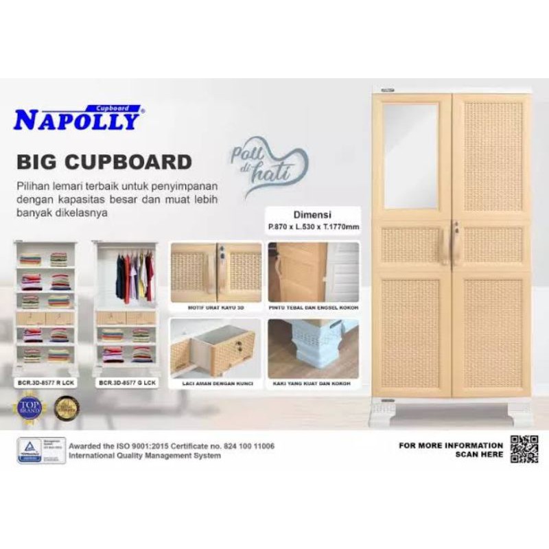 LEMARI PAKAIAN 2 PINTU GANTUNG KACA + 2 LACI JUMBO NAPOLLY - BCR 3D 8577 G LCK "Pasti Murah"