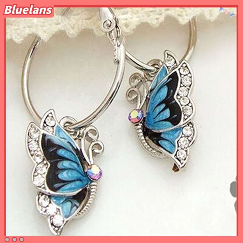 Bluelans Women 1Pair Blue Crystal Rhinestone Enamel Butterfly Dangle Hoop Earrings Earbob