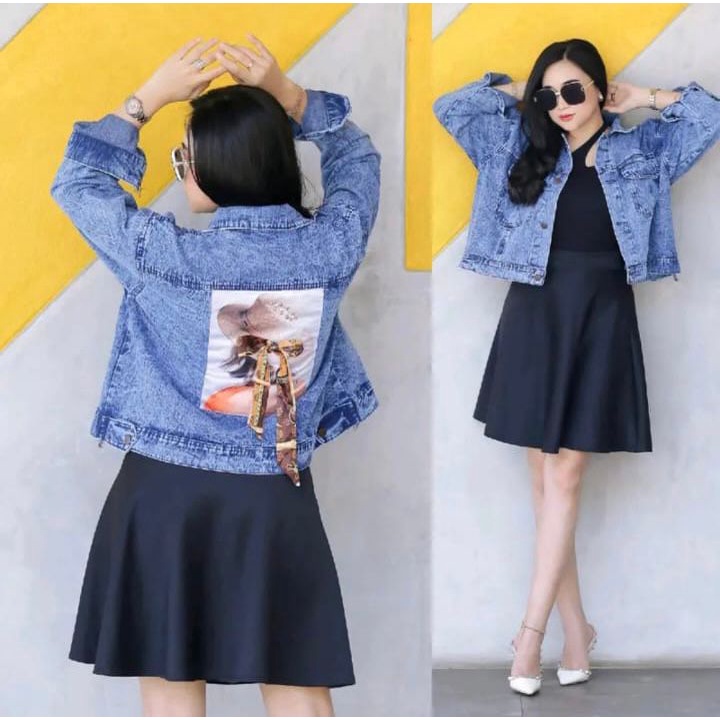Jaket Jeans tebal Crop Pita Emblem 3D // Jaket Pita Belakang