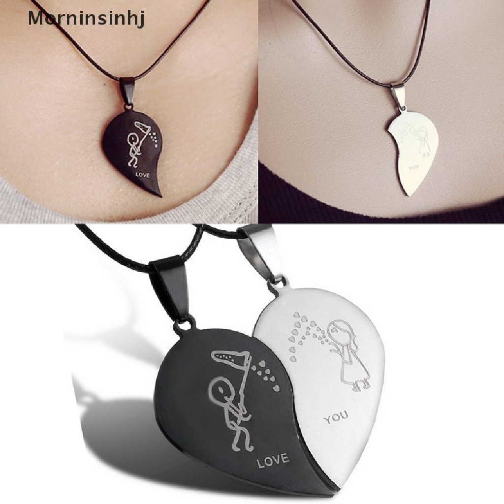 Mornin Couple Broken Heart Pendant Black Cord Kalung Engrave Love You Choker Necklace id