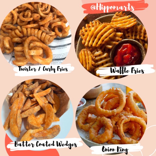 

WAFFLE Fries , CURLY Fries WEDGES Pom Pom ONION RING Shrimp PopCorn French Fries Kentang Goreng