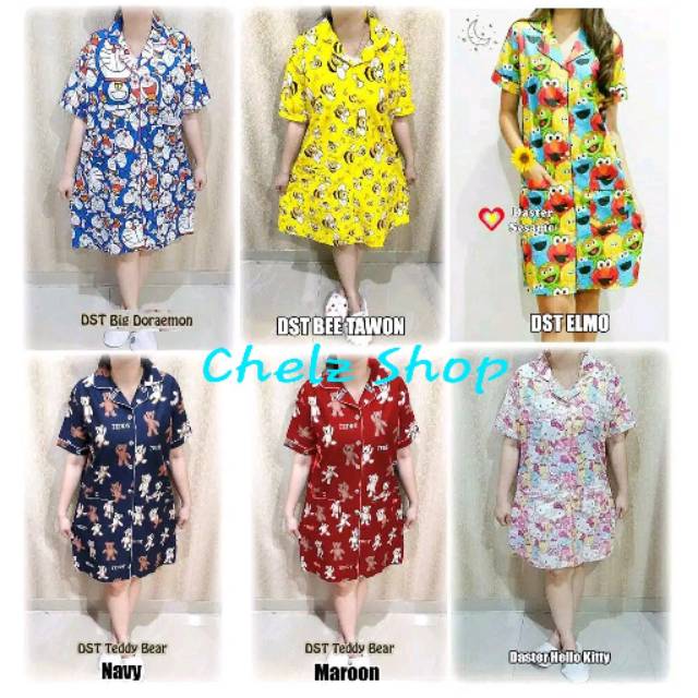 Baju Tidur Daster Wanita/Cewek Katun Karakter Daster BlackCat/Doraemon/Bee Lebah/Keroppi/Teddy bear