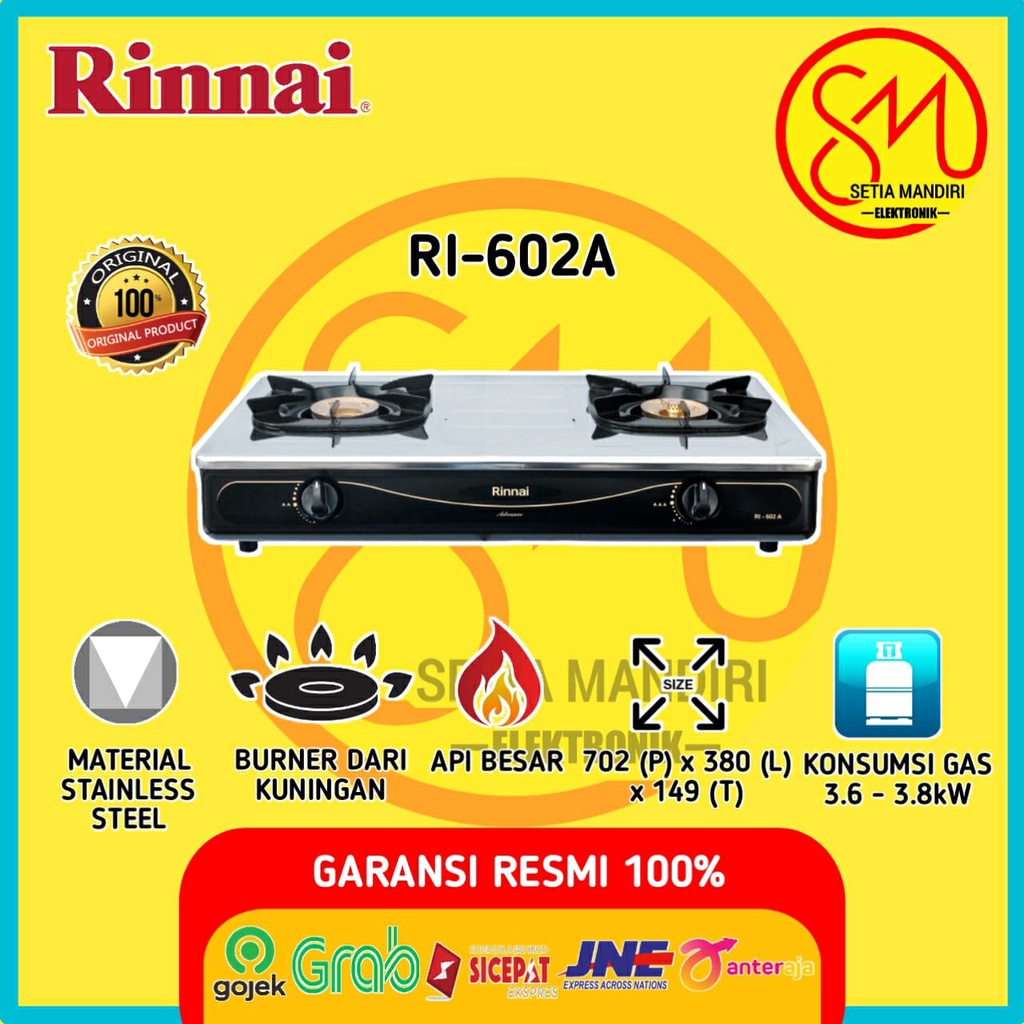 RINNAI RI602A Kompor Gas 2 Tungku Stainless Steel RI 602 A RI 602A