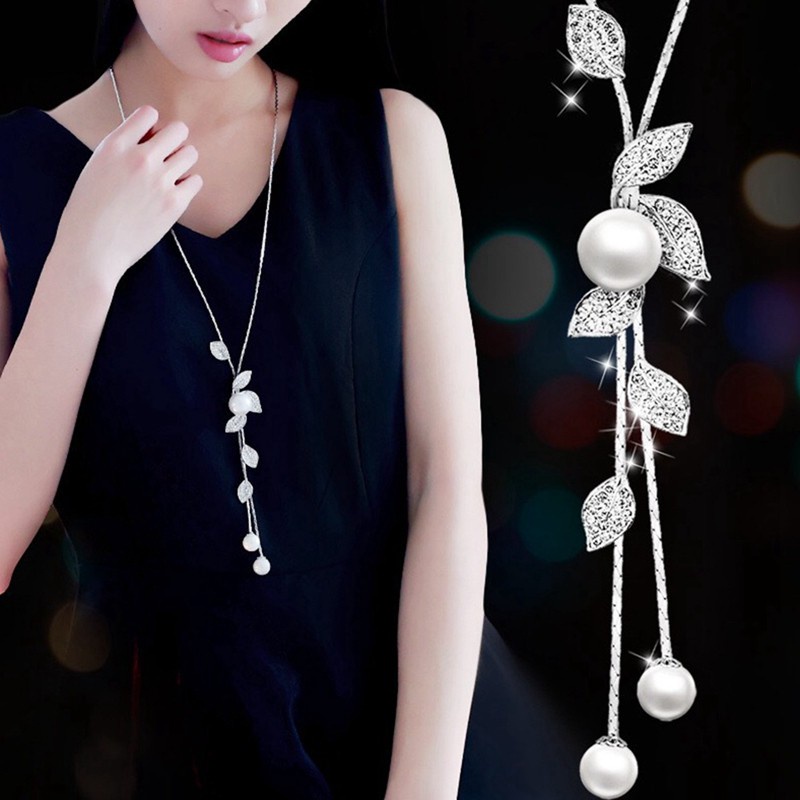 Crystal Pearls Pendant Necklace Rhinestone Leaf LongNecklace Sweater Chains