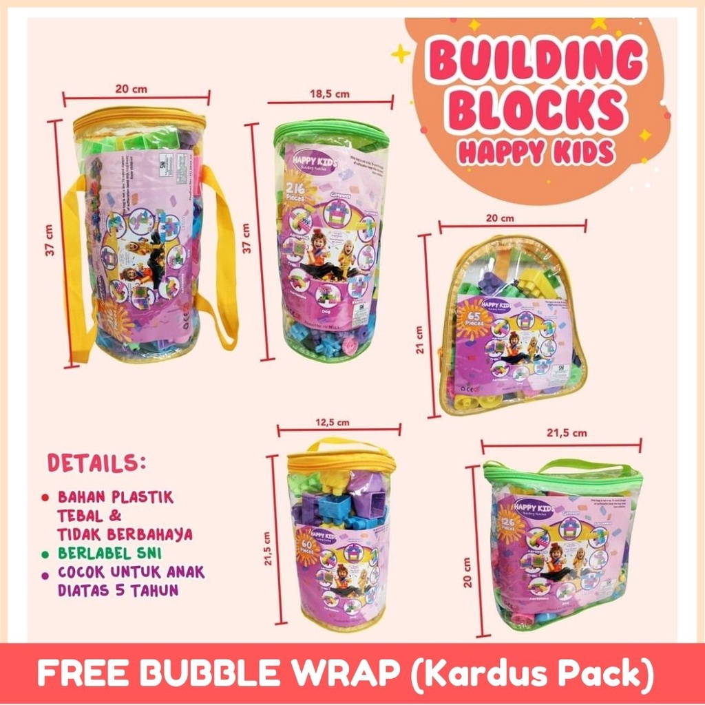 Mainan Edukasi Building Blocks Bricks Happy Kids Isi 60/65/126/216/316 PCS - Balok Susun - Block SNI