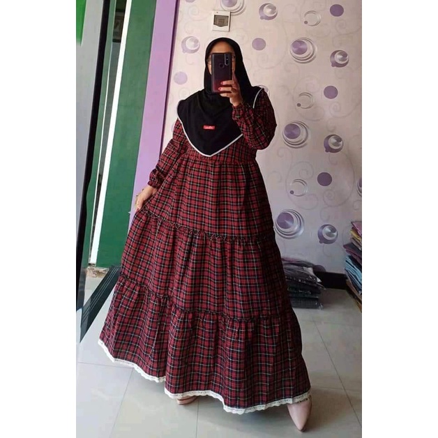 LANGSUNG KIRIM GAMIS FLANEL SUSUN  JUMBO AKSEN RENDA BUSUI MUSLIMAH WANITA ELEGAN