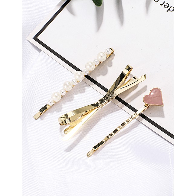 LRC Jepitan Rambut Fashion Gold Alloy Pearl Love Bow Hair Clip 3 Piece Set F40440