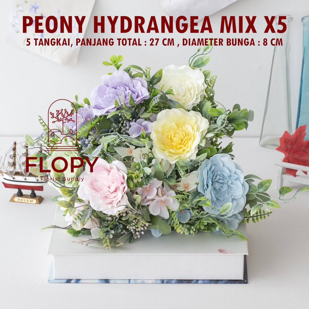 [5 Tangkai] Bunga Peony Hydrangea Mix X5 Artificial / Bunga Plastik Palsu Dekorasi Buket bunga Mahar Nikahan Rustic