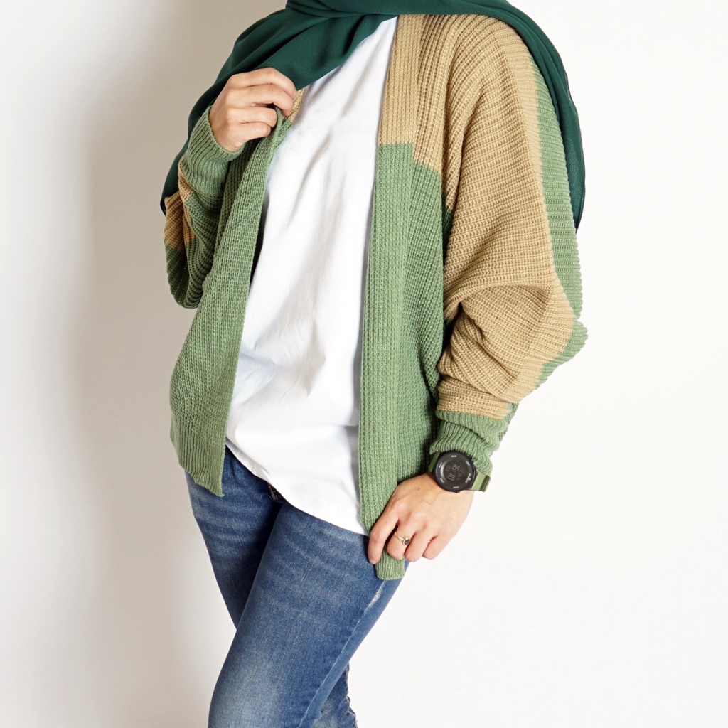 CARDIGAN BATWING RAJUT OVERSIZE PREMIUM / KOMBINASI / MOCCA APLIKASI MINT