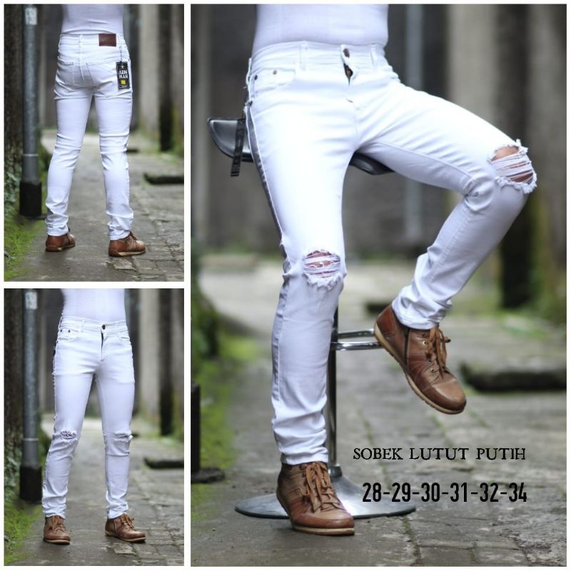 Jeans Putih Celana Pria Jeans Ripped Arm-Man Sobek Polos