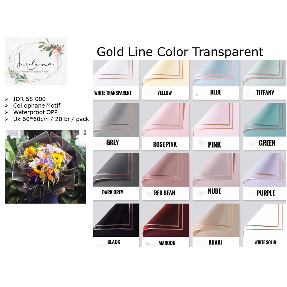 

Luluna / Kertas Bunga /20 LEMBAR Gold Line Color Transparent/kertas bunga/wrapping paper/kertas tissue/buket bunga MURAH