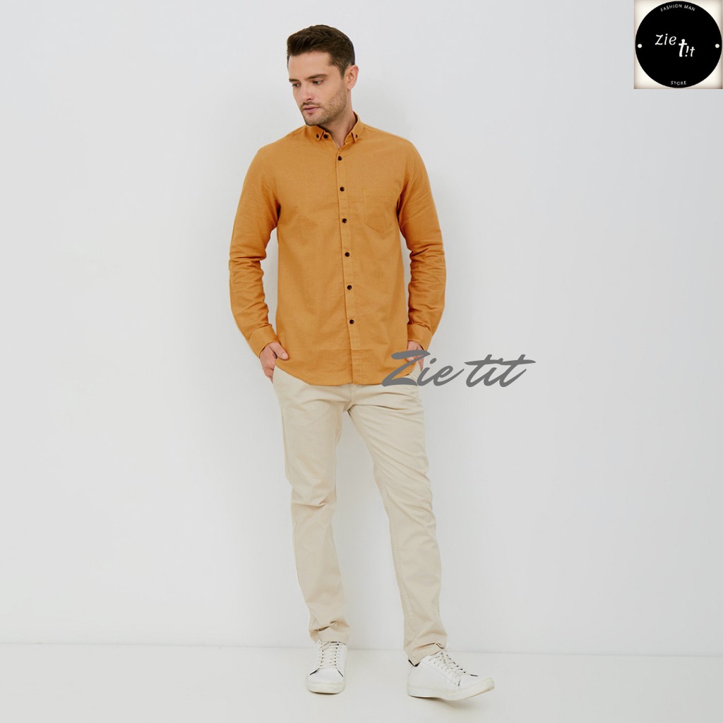kemeja polos kuning mustard pria lengan panjang kantoran laki laki casual warna kuning mustard hem k