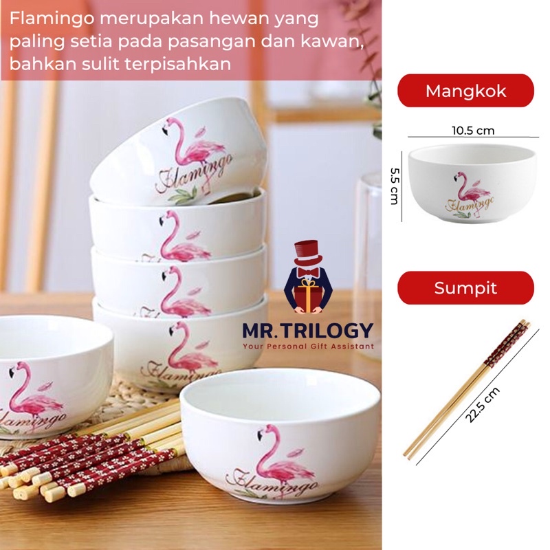 Hampers Flamingo Mangkok Jepang Keramik Set Alat Makan Sumpit Aestetik Kekinian Sovenir Hadiah Lebaran Nikah Pink