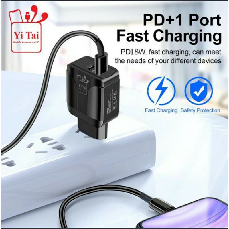 BATOK CHARGER YI TAI 1USB + TYPE C QUICK CHARGE 3.0 PD 18W - KEPALA CHASAN + COLOKAN TYPE C YITAI