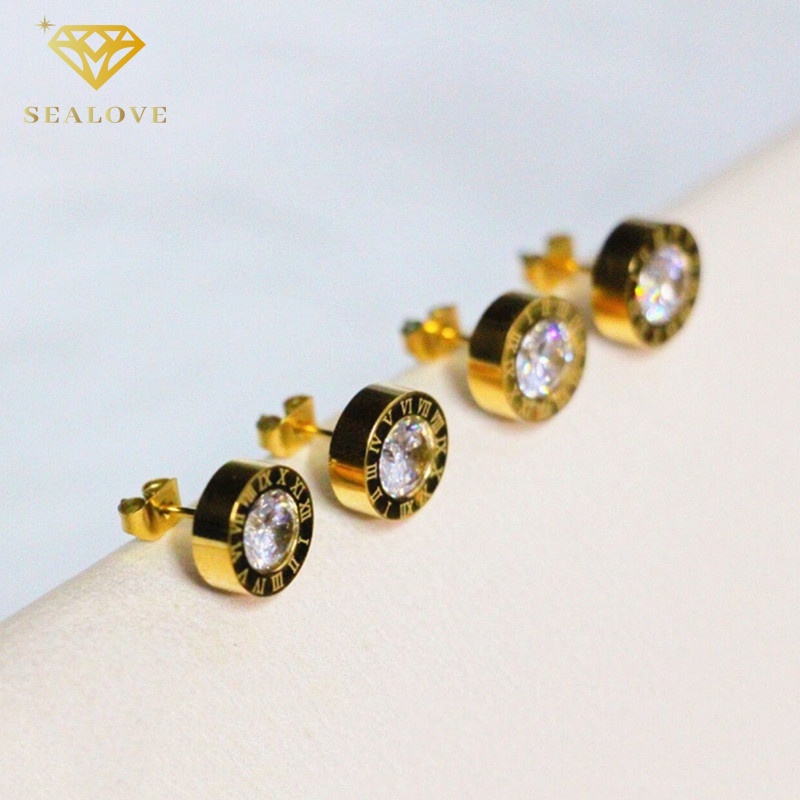 Anting Titanium anti karat dan anti luntur asli Anting Stud Angka Romawi berlian Cubic Zirconia