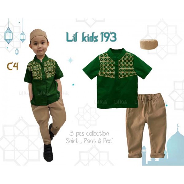 IMPORT LK193 C4 Baju Koko Muslim India Anak Hijau Botol Lengan Pendek Kopiah Peci Pakistan Punjabi