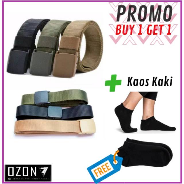 Promo Ikat Pinggang Pria Kanvas Anti Detector GRATIS Kaos Kaki Pendek Hitam FREE Short Sock