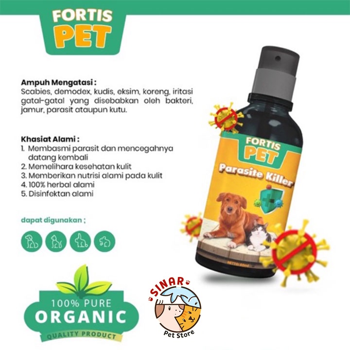 Fortis Pet Parasite Killer 60ML Hewan Kucing Anjing Scabies Demodex Obat Kulit Gatal