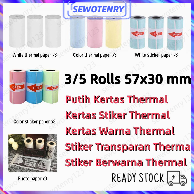 【COD】3/5 Roll Kertas Struk Thermal Paper Roll Putih/Berwarna/Stiker 57x30 Coreless Termal EDC Thermal Printer Mini Bluetooth