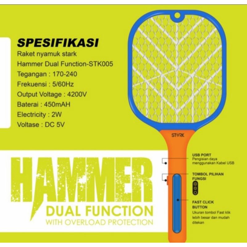 raket nyamuk STARK STK 005 hammer - insect killer 2 fungsi