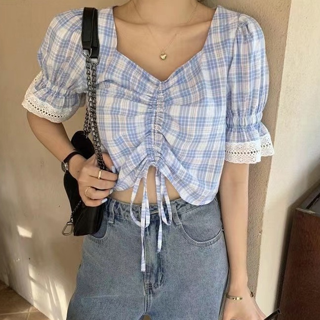 MOOGU ♡ Korea kotak-kotak lengan pendek blouse atasan wanita