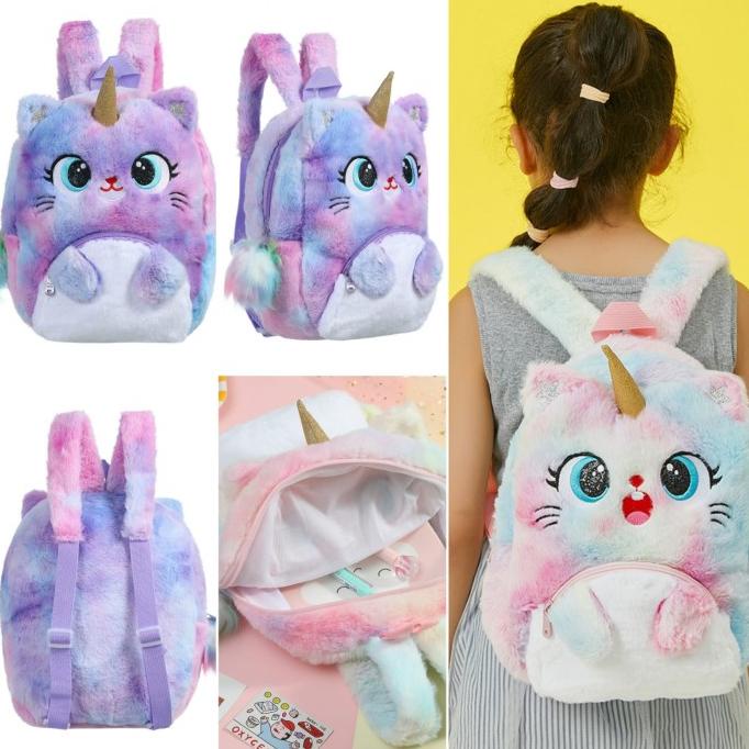 Tas sekolah anak TK PAUD unicorn kitty tas ransel bulu unik kado anak