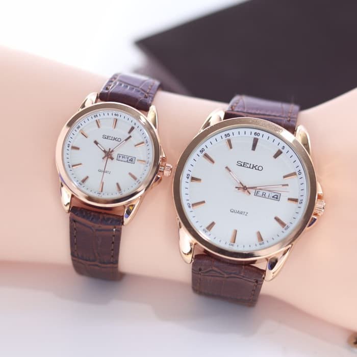 jam tangan fashion couple/pasangan SEIKO tanggal aktif tali kulit