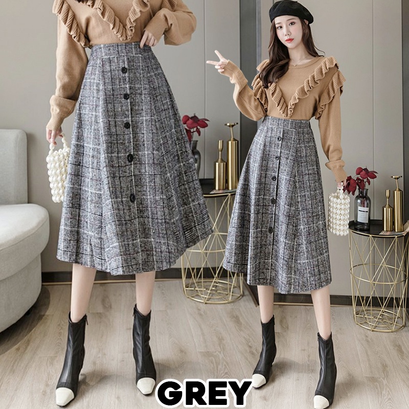 KARAKOREA 7708 Banding Tweed Midi Skirts/Korean Women Skirt/Rok Tweed Kancing