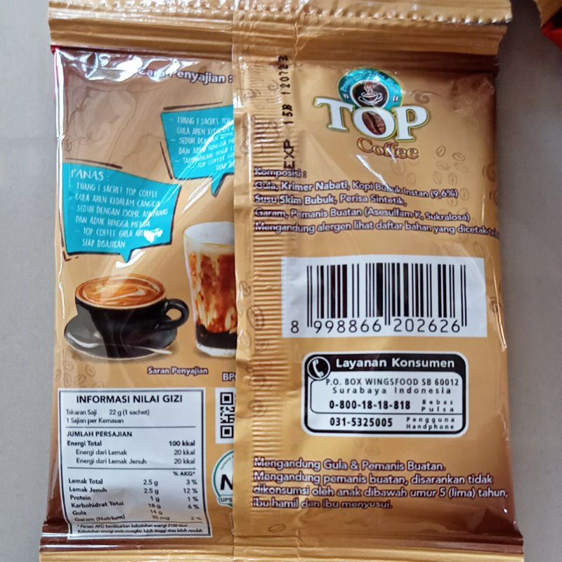 Aren Top Coffee Top kopi Gula Aren 22gr renceng isi 15 sachet