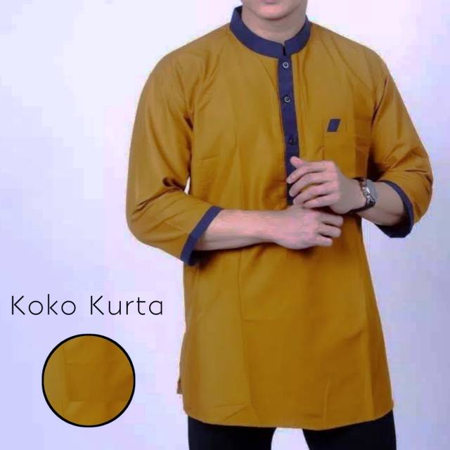 Baju Koko Kurta Warna Mustard / Kuning Kunyit Bahan Katun Lembut - Koko Pakistan Kuning Kunyit