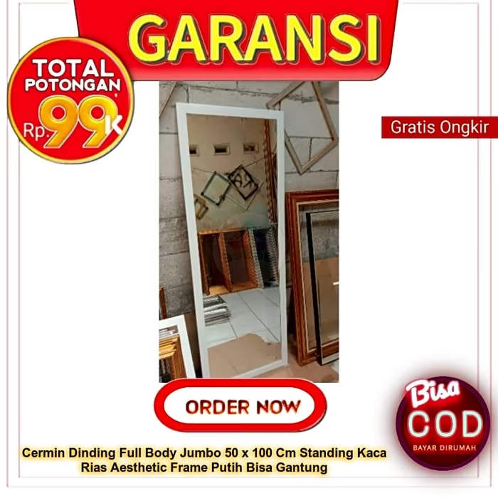 Cermin Dinding Full Body Jumbo 50 x 100 Cm Standing Kaca Rias Aesthetic Frame Putih Bisa Gantung