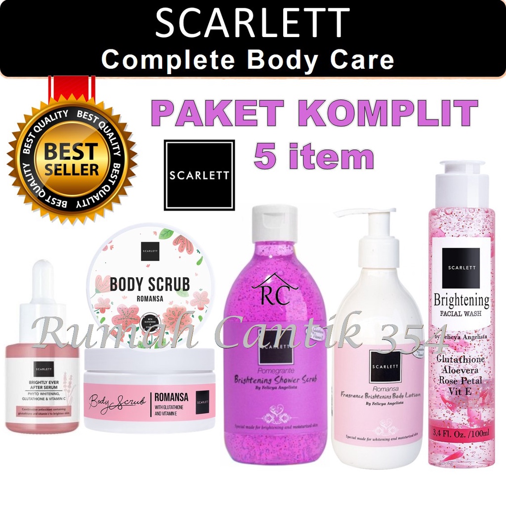 Paket Komplit 5 In 1 Body Care Scarlett Whitening Body Scrub Romansa + Shower Scrub Pomegrante + Body Lotion Romansa + Facial Wash + Brightly Ever After Serum Rumah Cantik 354 Perawatan Tubuh