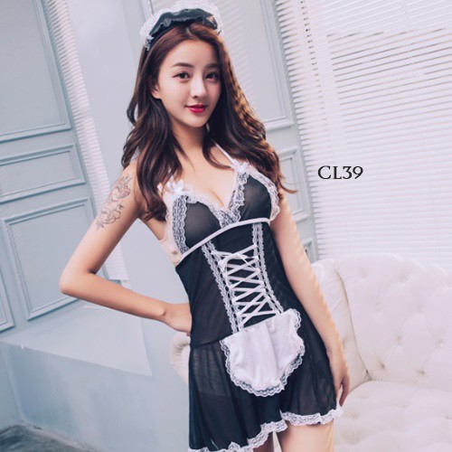 [TRUSTED SELLER] LINGERIE SEXY BAJU TIDUR TRANSPARAN KOSTUM PELAYAN SEKSI HITAM CL39