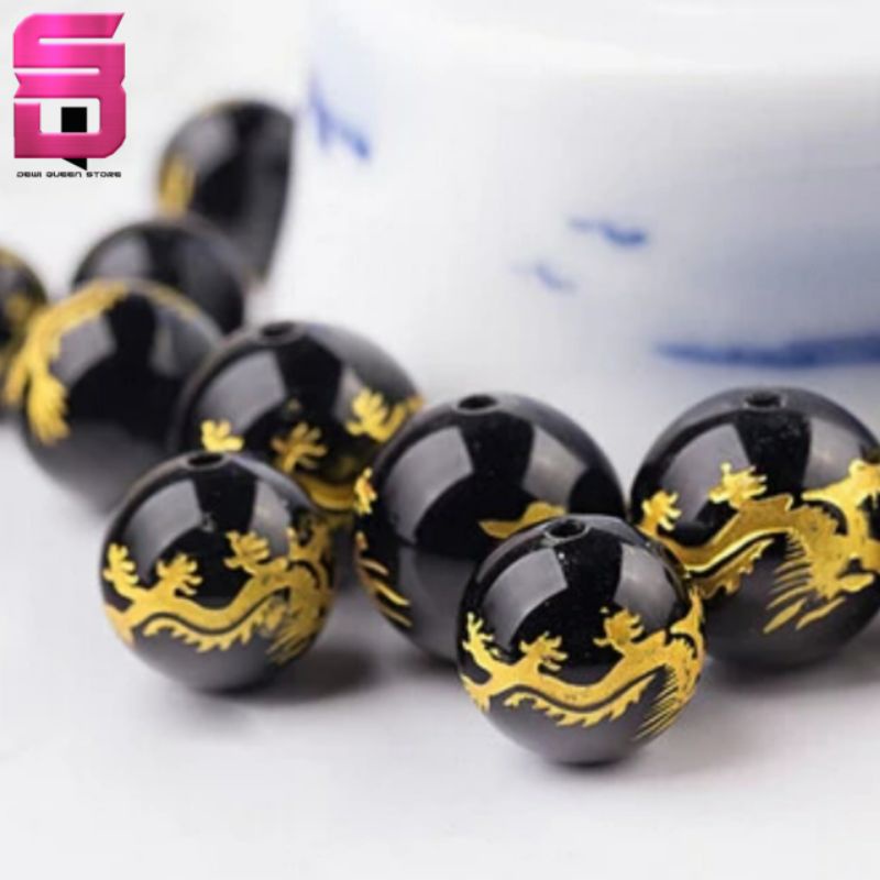 Manik Manik Butiran Batu Tibet Motif Naga Emas Bahan Gelang dan Kalung