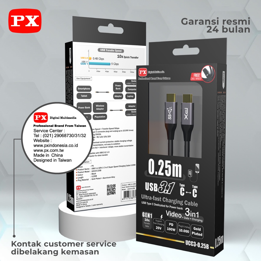 Kabel Data USB Type C To Type C Fast Charging 100W 0.25M PX UCC3-0.25B