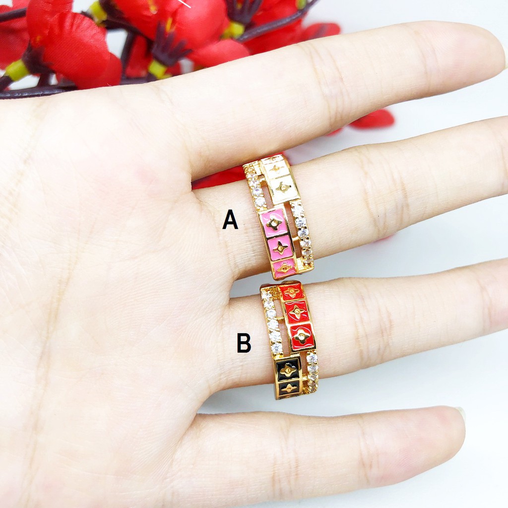 Cincin Yaxiya Model Rata Lebar Warna Pink Merah Putih Lapis Emas - BR435