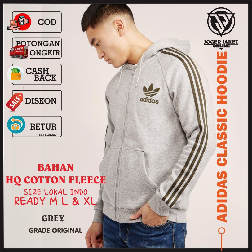 Jacket Hoodie Pria Adidas Classic Grade Original Grey. Jaket Casual Sporty Abu Muda