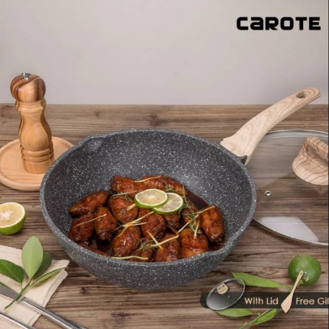 CAROTE WOK PAN 28 CM FREE GLASS LID DAN SPATULA