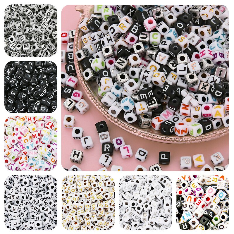 200 Pcs Manik-Manik Bentuk Kotak Motif Huruf Alfabet Ukuran 5x5mm Untuk Membuat Perhiasan