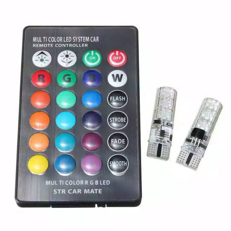 LAMPU LED SENJA T10 MOTOR MOBIL / STROBO RGB WIRELESS / 6 TITIK DENGAN REMOTE ON OFF