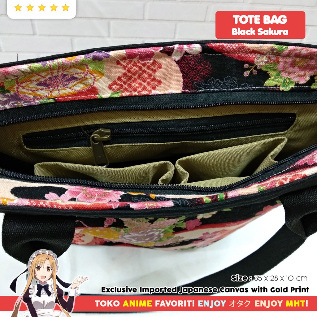 Tas Tote Bag Jepang Canvas Kanvas Impor Hitam Black Sakura