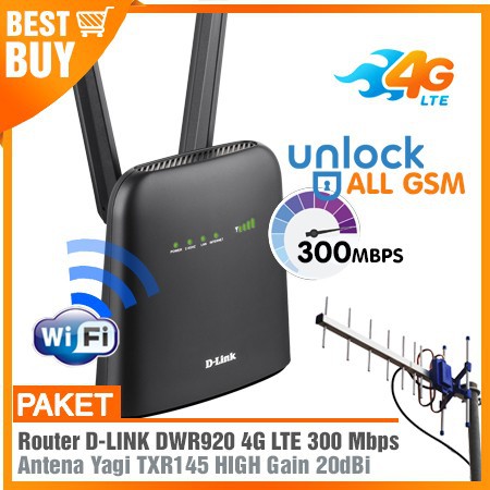 Paket Hotspot Router Modem WIFI DLINK DWR920 N300 4G LTE SEMUA OPERATOR & Antena Yagi Grid Extreme