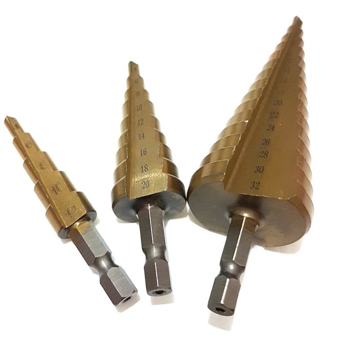 Mata bor spiral pagoda kerucut besi 32mm 1set isi 3pcs