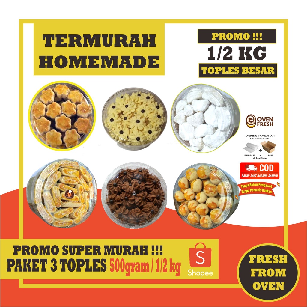 

Paket Murah 3 TOPLES 100RIBU Aneka Kue Kering Lebaran Nastar, Kastengel, Putri Salju Toples 500 gram