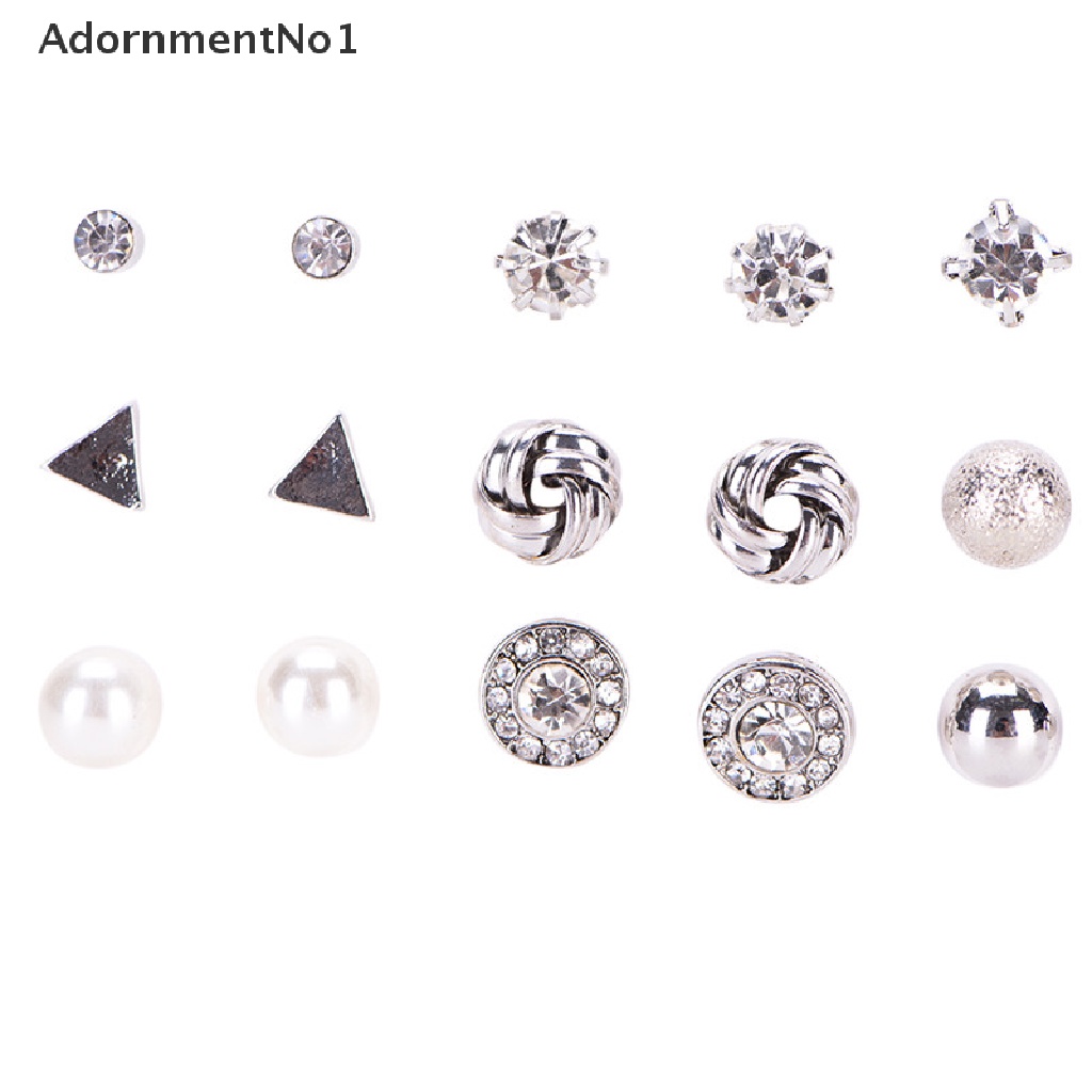 [AdornmentNo1] 12 Pairs Women Pearl Crystal Heart Stud Triangle Earring Set Jewelry New Fashion [new]